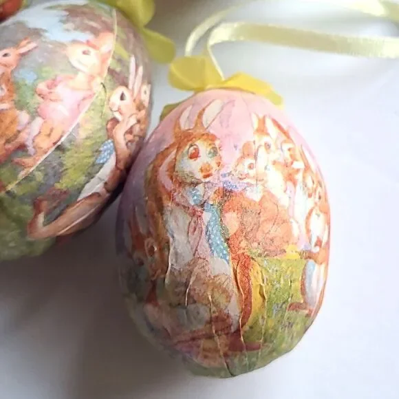 Lot of 10 Vintage Paper Mache Decoupage Easter Egg Tree Ornaments Bunny Bunnies - Picture 4 of 7